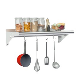 Treshin Stainless Steel Shelf with 4 Hooks 14 x 24 Inches, Commercial Wall Mount Floating Shelving Storage Pot Rack for Restaurant, Kitchen, Home, Bar and Hotel