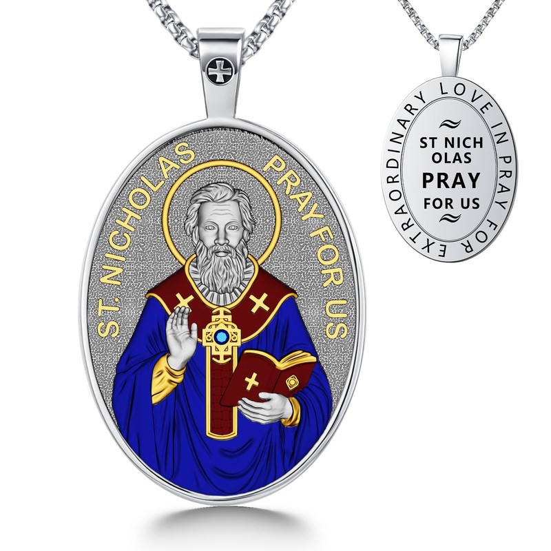 OigvcoTe St Nicholas Necklace Catholic Medal Pendant Enamel for Adults
