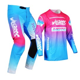 Willbros Youth Moto Gear Set Pant and Jersey Combo for Kids MX Motocross Children Racing Suit Offroad MTB Motorcycle Boys Girls Blue Pink YXL