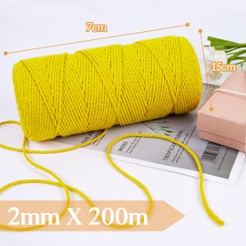 LEREATI Macrame Cord 2mm x 200m, Thick Macrame Rope Natural Cotton Rope Craft String, 3 Strand Twisted Cotton Cord Yarn for DIY Plant Hanger, Wall Hanging, Christmas Decoration (Golden)