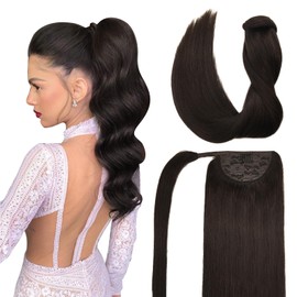 DOORES Real Human Hair Ponytail Extension - Dark Brown, 22 Inch, 90g - Clip In, Wrap Around Ponytail Hairpiece with Magic Paste - Long Straight