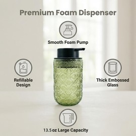 Abriclo Green Glass Foaming Hand Soap Dispenser, Foam Soap Dispenser Refillable with Matte Black Pump Thick Embossed Glass Vintage Soap Dispenser for Bathroom Kitchen Countertop Vintage Home Decor