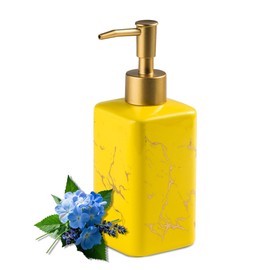 Gold Soap Dispenser for Bathroom Countertop, Square Yellow Dish Soap Dispenser Pump Bottle with Golden Stripes for Kitchen Sink Laundry Shower Lotion, Ceramic Hand Soap Dispenser Pump for Soap Liquid
