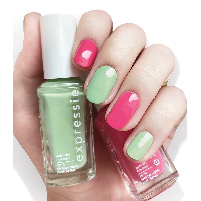 essie expressie quick-dry nail polish, vegan formula, pink, green, pink