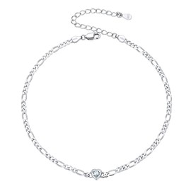 April Birthstone Ankle Bracelet 925 Sterling Silver 3mm Chain for Barefoot Figaro Anklets for Women, 8.5"-10.5"