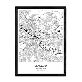 Nacnic Poster with map of Glasgow - United Kingdom. Sheets cities of UK seas and rivers in black color. A4 size