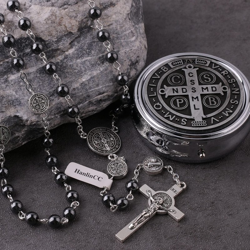HanlinCC 6mm Hematite Stone Black Beads Catholic Saint Benedict Rosary