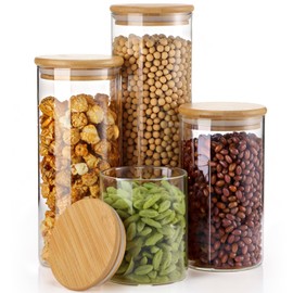Qinyoung 36 Pcs Glass Storage Jars with Bamboo Wooden Lids, 4 Sizes Food Storage Containers Clear Stackable Canisters Airtight Glass Jars for Candy, Cookie, Rice, Sugar, Flour, Pasta, Nuts