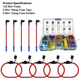 MuHize Mini Inline Fuse Holder 5 Pack, 12AWG Fuses Holders, Automotive Add-a-Circuit Fuse Taps with 120 Pack Fuses(2A/3A/5A/7.5A/10A/15A/20A/25A/30A/35A) for Car RV Camper