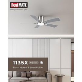 46 Inch Ceiling Fans with Lights and Remote, Nickel Low Profile Ceiling Fan, Flush Mount Style with 5 Blades, for Indoor Bedroom Living Room/Outdoor, 6 Speed Reversible DC Motor, 3CCT Dimmable LED