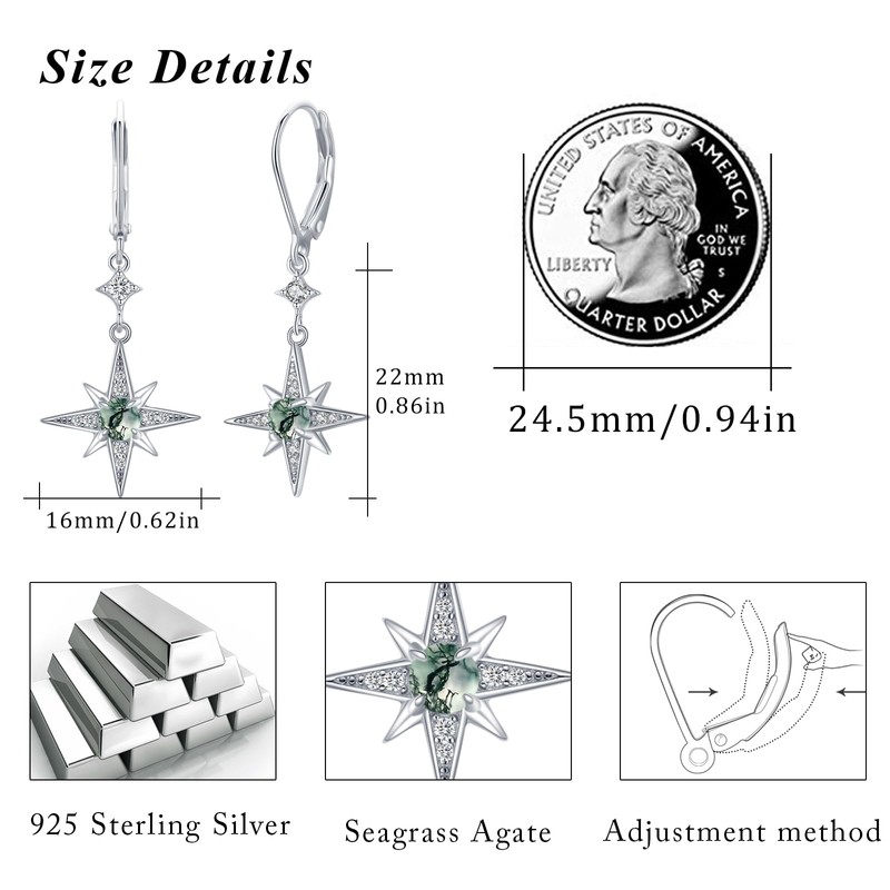 Star Earrings for Women 925 Sterling Silver Moss Agate Star