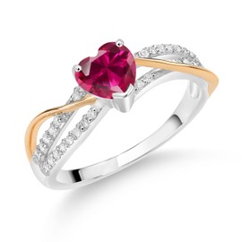 Gem Stone King Heart Shape Red Created Ruby E-F Lab Grown Diamond 1.11 Ct 925 Silver and 10K Yellow Gold Ring (Size 9)