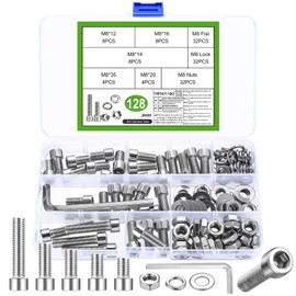 128-Piece M8 Screws Set, Cylinder Head Screws Nut Sets, Stainless Steel Hex Screws Set and Washers, Hexagon Socket Screws with Nuts, Machine Screws Assortment