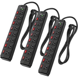 3PCS 8 Outlet Heavy Duty Power Strip with 8 Individual Switches,Moutable Metal Power Strip Surge Protector 1200 Joules,6FT 14AWG Extension Cord,15A 1800W 125V 60Hz
