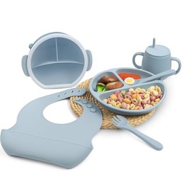 BPA-Free Premium Silicone Bowl and Plate Set, Non-Toxic Eco-Friendly Baby Feeding Set with Strong Suction (Blue)