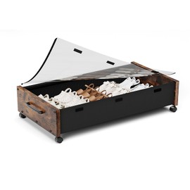 KITHELP Wooden Under Bed Storage with Wheels, Rolling Under the Bed Storage Bins with Removable Lid, Metal Under Bed Drawers for Clothes and Shoes in Bedroom or Living Room(Vintage Brown-1pack)