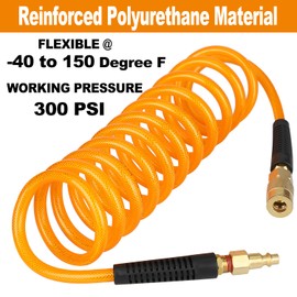 YOTOO Reinforced Polyurethane Recoil Air Hose 1/4" Inner Diameter by 10' Long, Heavy Duty, Flexible Air Compressor Hose with Bend Restrictor, 1/4" Swivel Industrial Quick Coupler and Plug, Orange