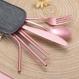 Portable Stainless Steel Flatware Set, Travel Camping Cutlery Set, Portable Utensil Travel Silverware Dinnerware Set with a Waterproof Case (Pink)