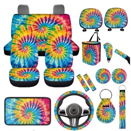 WUYOJUXA Tie Dye Car Accessories Set for Women Girly Cute Auto Seat Protector Full Set 17 Pack Hippie Tie Dye Print Automotive Garbage Cans Organizer Keychains Armrest Pad Car Headrest Pillow Covers