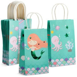 BLUE PANDA Mermaid Goodie Bags - 24 Mermaid Party Favors - Candy Buffet Treat Bags with Handle for Birthday Party Decoration & Undersea Goodies - Pack of 24, 5.3 x 3.2 x 9 in