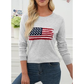 EVALESS Fall Sweaters for Women 2025 Trendy Lightweight Wool Blend Knit Sweaters Fashion Long Sleeve Crewneck American Flag Sweater Soft Loose Fit Pullover Sweater Tops Gray Large