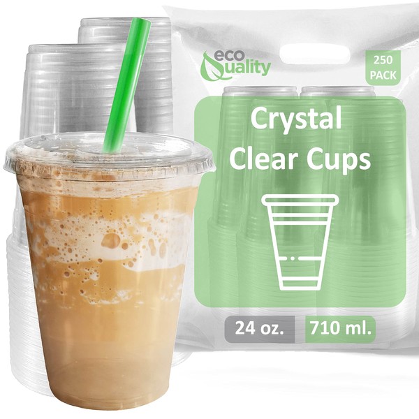 Clear Plastic Disposable Cups with Lids and Smoothie Straws 250 count - 24 oz (ounces) Clear PET Cup for Smoothies, Protein Shakes, Bubble Tea, Iced Coffee, Boba, Fresh Juice, Meal Prep, Party Cup