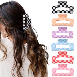 papasgix 6 PCS Checkered Hair Claw Clips, 3.94" Multicolored Large Square Hair Clips, Non-Slip Claw Clips for Thick Hair Rectangle Hair Styling Accessories with Strong Hold