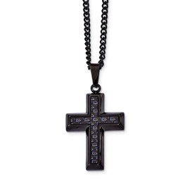 Jay Seiler Stainless Steel Polished Black IP w/Blue Carbon Fiber Inlay Cross Necklace, Length: 24 in,