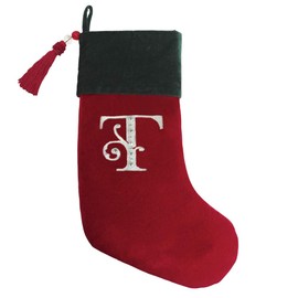 Christmas Stocking Red & Green Velvet With Tassel, Rhinestone Monogram T