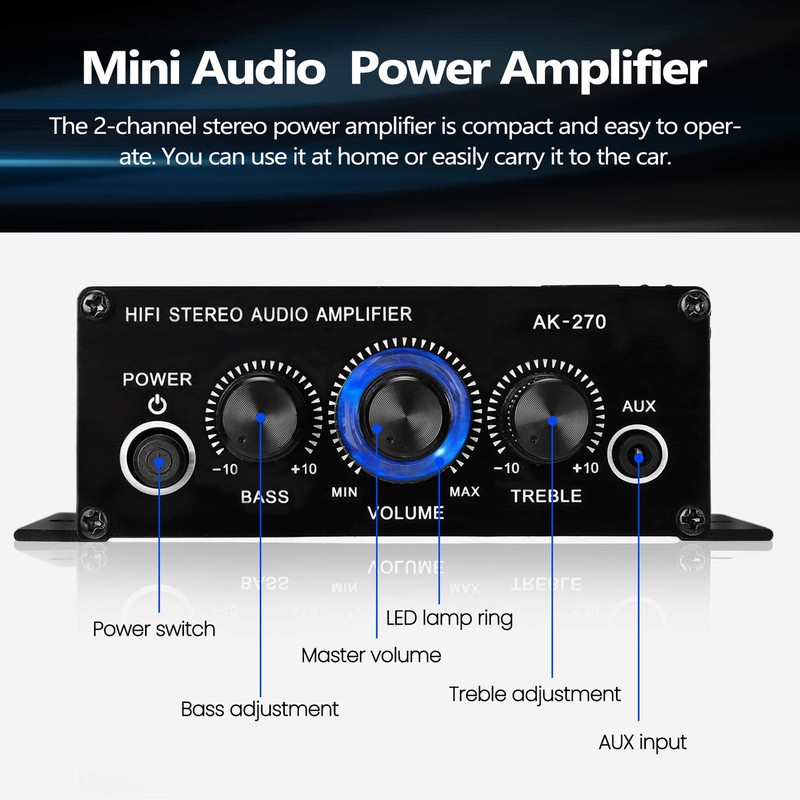 Snsowed AK270 Mini Audio 2 Channel Stereo Power Amplifier Portable