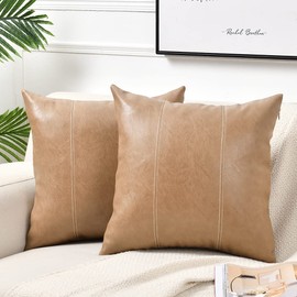 Fancy Homi Tan Decorative Throw Pillow Covers 18x18 Inch for Outdoor Couch Bed, Waterproof Faux Leather Hand Stitched Beige Square Cushion Case 45x45 cm, Modern Farmhouse Boho Home Decor