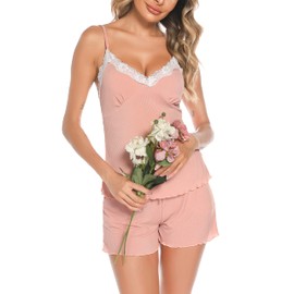 Wikoan Womens Pyjamas Set Lace Camisole and Shorts Soft V-Neck Pj Sets Sleepwear Nightwear with Pockets Drawstring