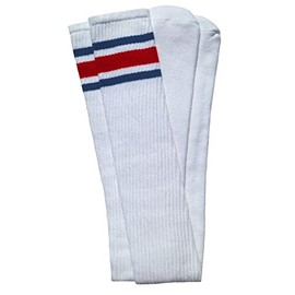 SKATERSOCKS 35" Thigh high White tube socks with Royal Blue-Red stripes style 3