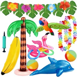 Meiruier 25PCS Inflatable Palm Tree & Flamingo Party Decorations Set - Hawaiian Luau Beach inflatable pool toys,Dolphin, Banana, Beach Balls, Ring Toss Game - Hawaiian party decorations