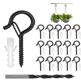 Screw Hooks, Pack of 15 Stainless Steel Hook Screws, Black Ceiling Hooks, Heavy Duty with Safety Buckle with Screws, Hooks for Screwing for Plant Baskets, Bird Feeders, Wind Chimes, Fairy Lights