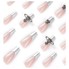 CJTTDACE Silver French Press on Nails, Medium Square French Fake Nails, Holographic Acrylic Press on Tip Nails, Nails Kits with Nails Glue 24 Pcs