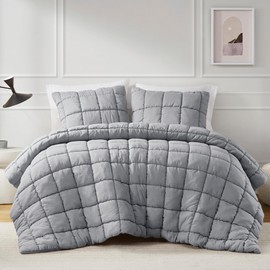 Intelligent Design Queen Comforter Set 3D Puff Overfilled Comforter for Queen Size Bed, All Season & Lofty Crinkled Quilting Queen Microfiber Bedding Set with Sham, Full/Queen, Grey 3 Piece