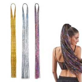 DHWEKU Hair Tinsel Strands 3 Colours Hair Tinsel Extensions, Hair Tinsel Strands Kit Hair Tinsel Hair Tinsel Strands Hair Strands, 120 cm Strands Straight Long Hairpiece Accessories for Girls Women