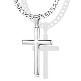 Krfy 925 Silver Cross Pendant Necklace for Men Women with 5 mm Durable Stainless Steel Diamond-Cut Figaro or Curb Chain Necklace 18K White Gold Plated Cross Pendant Necklace for Men 18-30 Inches,