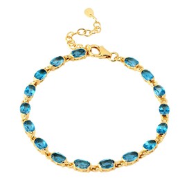 Silvershake 9.35 CTW 6X4mm Genuine Oval Shape London Blue Topaz 14K Yellow Gold Plated 925 Sterling Silver Tennis 7 to 8.5 Inch Adjustable Bracelet December Gemstone Birthstone
