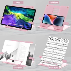 Soporte Portátil Libro de Metal, Atril de Lectura Portátil Multifuncional de Metal con 6 Niveles Ajustables para Cocina y Oficina (Rosado)