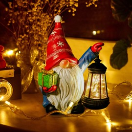 WONDHOME Solar Christmas Gnome Garden Decor Xmas Santa Hat Gnome Outdoor Statue with LED Lantern - Winter Gnome Christmas Holiday Porch Yard Home Decor Gardening Gift for Mom Women, Santa Hat Gnome