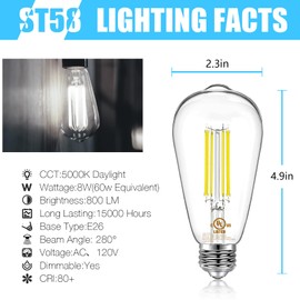 DAYBETTER 6 Pack Vintage LED Edison Bulbs, E26 Dimmable LED Bulb, 60 watt Equivalent, ST58 Antique Filament Light Bulbs with Daylight White 5000K, Brightness 8W, 800LM, 80+ CRI, Clear Glass