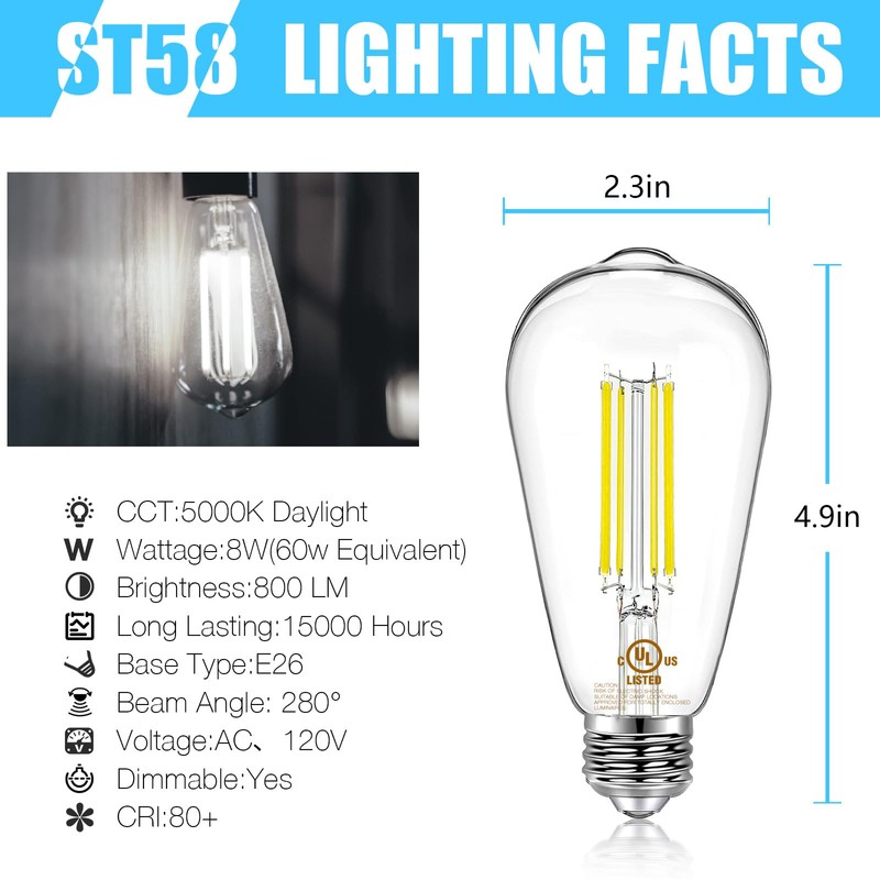 DAYBETTER 6 Pack Vintage LED Edison Bulbs, E26 Dimmable LED