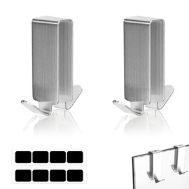 MYLERCT Hanging Shower Hooks, Pack of 2 Shower Hooks, No Drilling, 304 Stainless Steel, Shower Screen, Double Hooks with Protective Sticker, for Frameless Glass from 6 to 12 mm Thick