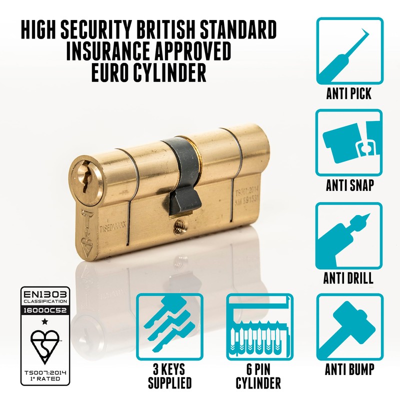 TSS Polished Brass High Security TS007 1 Star Euro Cylinder