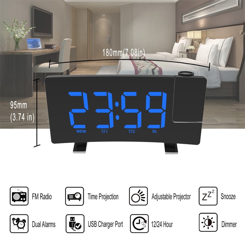 Projection Alarm Clock 8 Inch LED Curved Screen FM Radio