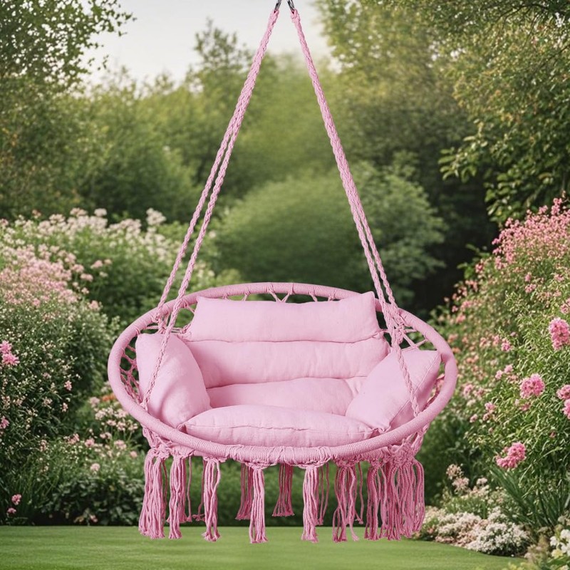 Goutime Hammock Chair, Macrame Hanging Swing Chairs with Cushion and