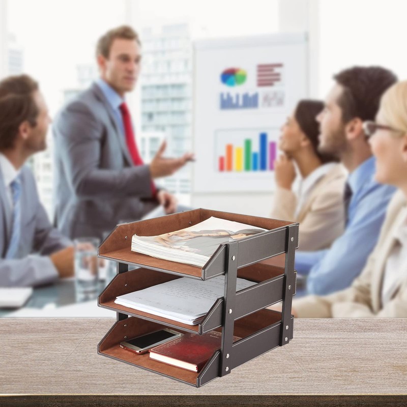 Very Sturdy 3 Tier Leather Desk File Rack for Office
