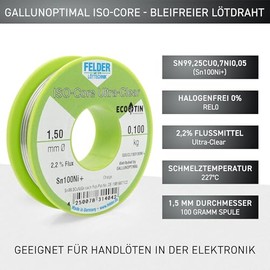 by Felder Soldering Wire Sn100Ni+ for General Electronic Applications, 1.5 mm, 100 g Spool, Lead-Free with 2.2% Flux Ultra Clear, REL0, for Electronics, Electrical Engineering and Much More